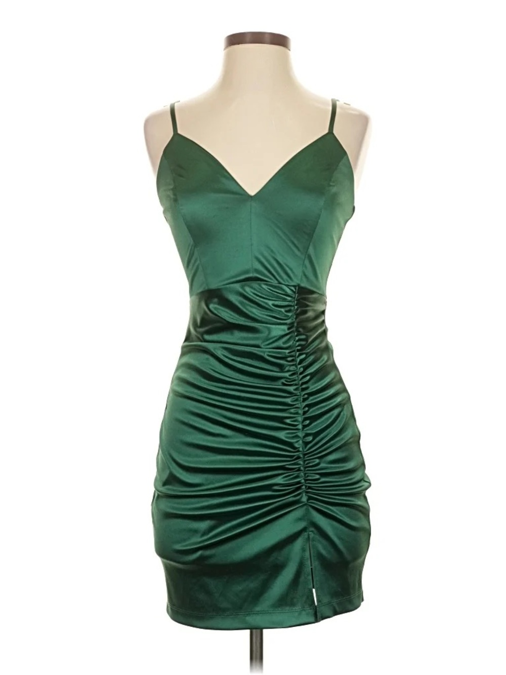 Emerald Green Satin Ruched Slip Dress with Spaghetti Straps